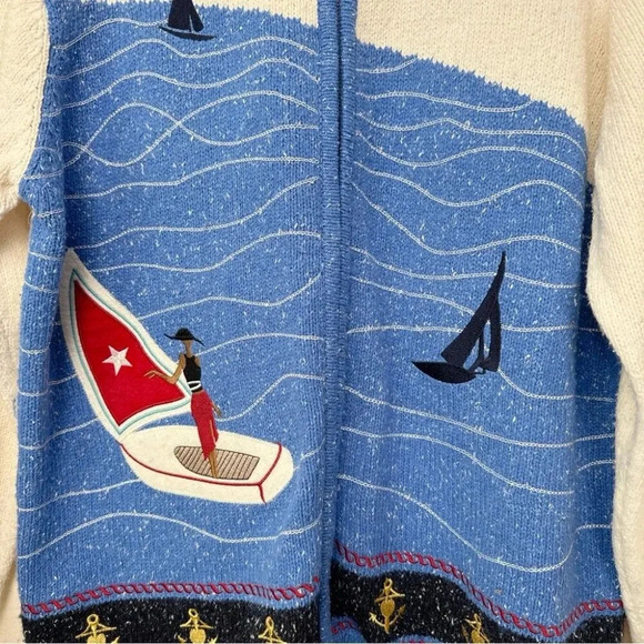 TANJAY Womens Medium Petite Sailboat Vintage Nautical Lady Embroidered Cardigan - Picture 10 of 16